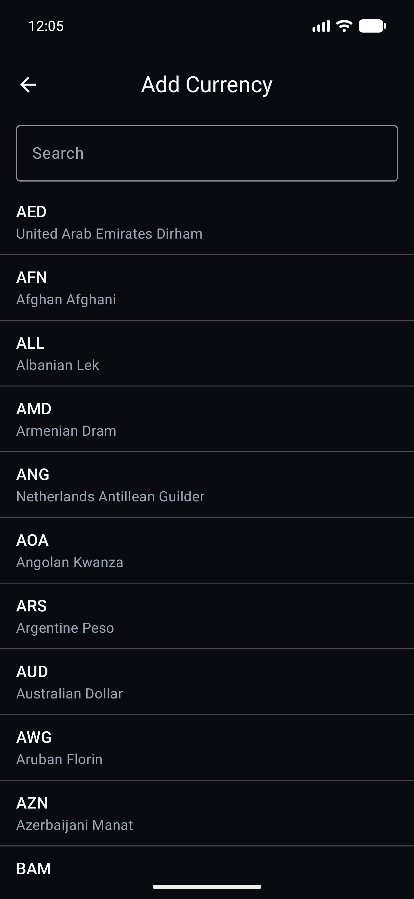 TripFX on Android — currency list