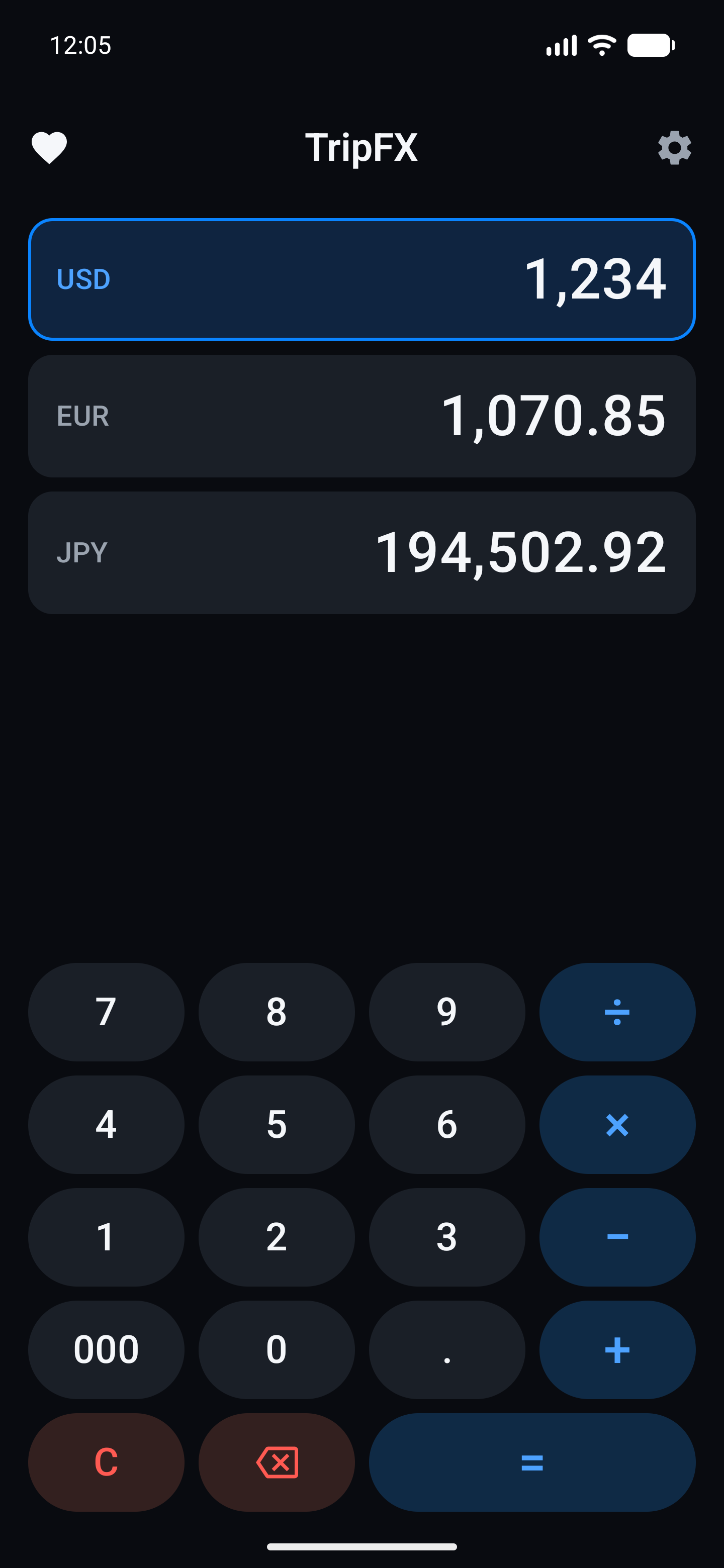 TripFX on Android — the same converter, same design