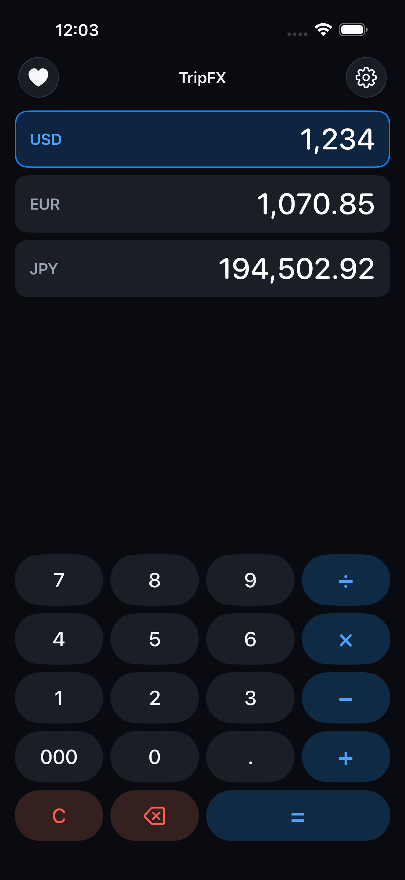 TripFX on iPhone — USD, EUR and JPY converted at once